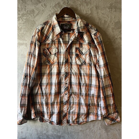 BKE‎ Shirt Men's XXL Athletic Fit Pearl Snap Button Up Plaid Roll Tab Sleeve - Picture 1 of 8